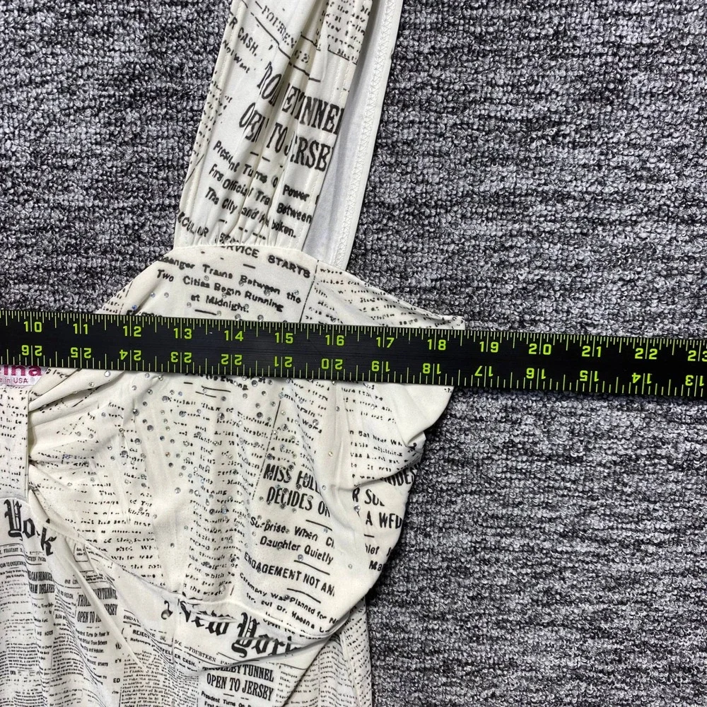 Reina Newspaper Print Tank Top Womens 3 White Black Rhinestone Cityscape Y2K